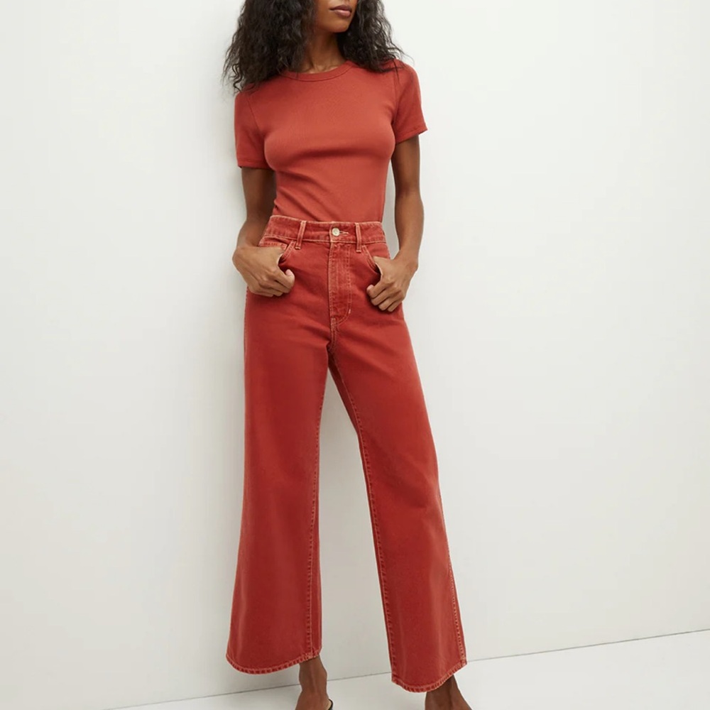 Veronica Beard Taylor High Rise Wide Leg Crop Pants in Brick Red